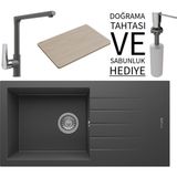 Real Stone Realstone P011 Assos 86 Xl Granit Eviye & Vesta Batarya Seti (+ Bambu Tahta ve Sabunluk Hediyeli) - Antrasit - Tek Gözlü - 86 cm