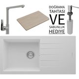 Real Stone Realstone P011 Assos 86 Xl Granit Eviye & Vesta Batarya Seti (+ Bambu Tahta ve Sabunluk Hediyeli) - Beyaz - Tek Gözlü - 86 cm