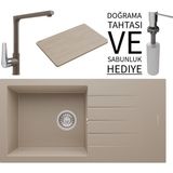 Real Stone Realstone P011 Assos 86 Xl Granit Eviye & Vesta Batarya Seti (+ Bambu Tahta ve Sabunluk Hediyeli) - Cappuccino - Kahverengi - Tek Gözlü - 86 cm