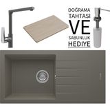 Real Stone Realstone P011 Assos 86 Xl Granit Eviye & Vesta Batarya Seti (+ Bambu Tahta ve Sabunluk Hediyeli) - Gri - Tek Gözlü - 86 cm