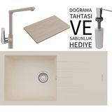 Real Stone Realstone P011 Assos 86 Xl Granit Eviye & Vesta Batarya Seti (+ Bambu Tahta ve Sabunluk Hediyeli) - Krem - Tek Gözlü - 86 cm