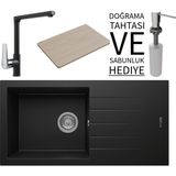 Real Stone Realstone P011 Assos 86 Xl Granit Eviye & Vesta Batarya Seti (+ Bambu Tahta ve Sabunluk Hediyeli) - Siyah - Tek Gözlü - 86 cm
