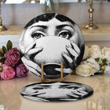 RealHomes 34x34 cm Renkli 2'li Fornasetti Siyah Beyaz Özel Tasarımlı Yuvarlak Servis Altlığı Supla