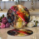 RealHomes 34x34 cm Renkli 2'li Sulu Boya Temalı Mandala Desenli Modern Yuvarlak Servis Altlığı Supla