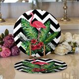RealHomes 34x34 cm Renkli 2'li Zigzag Zeminde Flamingo ve Yapraklar Tasarımlı Modern Yuvarlak Servis Altlığı Supla
