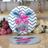 RealHomes 34x34 cm Renkli 2'li Zigzag Zeminli Flamingo Dijital Baskılı Modern Yuvarlak Servis Altlığı Supla