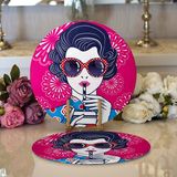 RealHomes 34x34 cm Renkli Homes RealHomes 2'li Pembe Zeminde Figürlü Gözlüklü Fashion Girl Modern Yuvarlak Servis Altlığı Supla