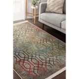 RealHomes Antika Zeminde Geometrik Motifli Eskitme Desenli Geometrik Eskitme Motifli Salon Kaymaz Saçaklı Halı HaliDik-Deluxe-11720, 80 x 150