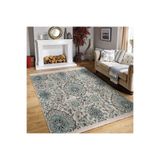 RealHomes Bej - Mavi Zeminde Artdeco Motifli Etnik Motifler Vintage Salon Kaymaz Taban Saçaklı Halı HaliDik-Deluxe-11073, 80 x 350