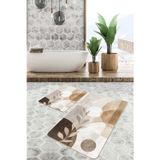 Realhomes Bej Ve Kahverengi Geometrik Yaprak Desenli Modern 2'Li Kaymaz Taban Yıkanabilir Banyo Paspas Seti