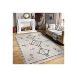 RealHomes Bej Zeminde Bohem Motifli Kilim Desenli Etnik Motifler Oturma Odası Yatak Odası Kaymaz Saçaklı Halı HaliDik-Deluxe-11393, 80 x 100