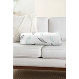 RealHomes Beyaz Temalı Yaprak Desenli Dijital Baskılı Iç Dolgulu Fermuarlı Süet Silindir Daire Yastık Kırlent
