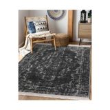 RealHomes Beyaz Zeminde Damask Motifli Siyah Desenli Etnik Motifler Salon & Antre Kaymaz Taban Saçaklı Halı HaliDik-Deluxe-11024, 120 x 120