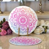 RealHomes Beyaz Zeminde Pembe Mavi Mandala Desenli Özel Tasarım Modern 2'li Yuvarlak Servis Altlığı Supla
