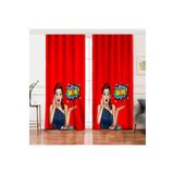 RealHomes Çift Kanat Kırmızı Zeminli Popart Wow Desenli Modern Salon Fon Perdesi
