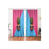RealHomes Çift Kanat Mavi Pembe Ananas Desenli Modern Salon Fon Perdesi