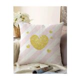 RealHomes Çift Taraflı Beyaz Zeminde Pembe Yatay Çizgili Gold Detaylı Kalp Desenli Raşel Örme Yastık Kılıfı, Sonil-K8239-43x43cm