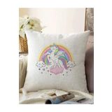 RealHomes Çift Taraflı Beyaz Zeminde Unicorn At Ve Yıldızlar Çocuk Odası Raşel Örme Yastık Kırlent Kılıfı, Sonil-K4324-43x43cm