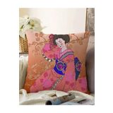 RealHomes Çift Taraflı Çiçek Motifleri Üzerinde Japon Kız Desenli Modern Raşel Örme Yastık Kılıfı, Sonil-K-5792-55x55cm