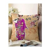 RealHomes Çift Taraflı Çizgi Desen Zeminli Çiçekli Japon Kadın Motifli Modern Raşel Örme Yastık Kılıfı, Sonil-K5811-43x43cm