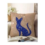 RealHomes Çift Taraflı Haki Zeminli Mavi Kedi Desenli Özel Tasarım Raşel Örme Yastık Kılıfı, Sonil-K5748-43x43cm