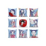 RealHomes Çift Taraflı Kırmızı Yelpazeli Mavi Zeminli Japon Kadın Modern Raşel Örme Yastık Kılıfı, Rasel-K5855-CiftTarafli-43x43cm