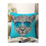 RealHomes Çift Taraflı Mavi Zeminli Gözlüklü Cool Leopar Desenli Modern Raşel Örme Yastık Kılıfı, Sonil-K5738-43x43cm