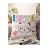 RealHomes Çift Taraflı Pembe Çizgili Zeminde Sweet Cat Tasarımlı Raşel Örme Yastık Kılıfı, Sonil-K-5716-55x55cm