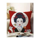 RealHomes Çift Taraflı Suşi Yiyen Japon Kız Motifli Modern Raşel Örme Yastık Kılıfı, Sonil-K-5843-55x55cm