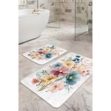 Realhomes Çok Renkli Çiçek Desenli Soft Pastel 2'li Kaymaz Taban Yıkanabilir Banyo Paspas Takımı