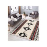 RealHomes Ekru Zemin Vintage Motifli Geleneksel Desenli Geometrik Etnik Motifler Salon Kaymaz Saçaklı Halı HaliDik-Deluxe-12091, 80 x 150