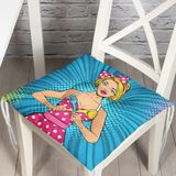 RealHomes F3284 Mavi Zemini Popart Girl Desenli Dekoratif Fermuarlı Sandalye Minderi