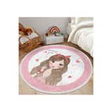 RealHomes Fashion Girl Çocuk & Genç Odası Makinede Yıkanabilir Kaymaz Tabanlı Püsküllü Yuvarlak Çocuk Halısı HaliYuvCck-Deluxe-714, 60 x 60