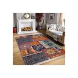 RealHomes Floral Zeminde Patchwork Motifli Otantik Desenli Vintage Geometrik Mutfak Kaymaz Taban Saçaklı Halı HaliDik-Deluxe-11809, 160 x 230