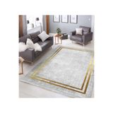 RealHomes Gold Gri Zeminde Çerçeveli Motifli Eskitme Desenli Geometrik Klasik Salon Kaymaz Taban Saçaklı Halı HaliDik-Deluxe-11545, 80 x 120