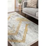 RealHomes Gold - Gri Zeminde Geometrik Desenli Geometrik Dış Mekan Kaymaz Taban Saçaklı Halı HaliDik-Deluxe-11224, 80 x 150