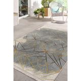RealHomes Gold - Gri Zeminde Geometrik Motifli Klasik Desenli Geometrik Klasik Salon Kaymaz Taban Saçaklı Halı HaliDik-Deluxe-11563, 80 x 150