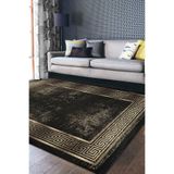 RealHomes Gold - Siyah Zeminde Çerçeveli Motifli Altın Desenli Geometrik Salon Kaymaz Taban Saçaklı Halı HaliDik-Deluxe-11724, 80 x 150