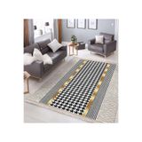 RealHomes Gold - Siyah Zeminde Geometrik Motifli Kazayağı Desenli Geometrik Koridor Yatak Odası Saçaklı Halı HaliDik-Deluxe-11689, 150 x 150