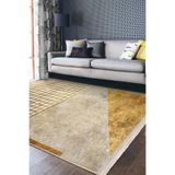 RealHomes Gold Zeminde Geometrik Motifli Kazayağı Desenli Geometrik Klasik Salon & Oturma Odası Saçaklı Halı HaliDik-Deluxe-11132, 80 x 200
