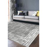 RealHomes Gri - Beyaz Zeminde Çerçeveli Motifli Antik Desenli Eskitme Motifli Salon Kaymaz Taban Saçaklı Halı HaliDik-Deluxe-11436, 80 x 150