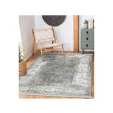 RealHomes Gri - Beyaz Zeminde Çerçeveli Motifli Antik Desenli Eskitme Motifli Salon Kaymaz Taban Saçaklı Halı HaliDik-Deluxe-11741, 80 x 150