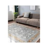 RealHomes Gri - Beyaz Zeminde Çerçeveli Motifli Çiçek Desenli Eskitme Motifli Salon Kaymaz Taban Saçaklı Halı HaliDik-Deluxe-11780, 80 x 150