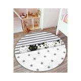 RealHomes Gri Çizgili Yıldızlı Sevimli Kediler Çocuk Odası Makinede Yıkanabilir Kaymaz Tabanlı Yuvarlak Halı HaliYuv-Comfort-10547, 150 x 150