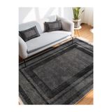 RealHomes Gri Füme Zemin Çerçeveli Motifli Dokuma Desenli Sade & Şık Geometrik Salon Kaymaz Taban Saçaklı Halı HaliDik-Deluxe-11823, 100 x 120