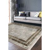 RealHomes Gri - Kahverngi Zeminde Çerçeveli Motifli Eskitme Desenli Avangarde Salon Kaymaz Taban Saçaklı Halı HaliDik-Deluxe-11740, 80 x 150