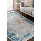 RealHomes Gri - Mavi Zeminde Eskitme Motifli Yöresel Desenli Eskitme Motifli Vintage Salon Kaymaz Saçaklı Halı HaliDik-Deluxe-11480, 80 x 150
