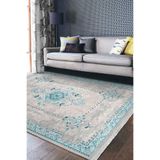RealHomes Gri - Mavi Zeminde Retro Motifli Kilim Desenli Avangarde Etnik Motifler Oturma Odası Saçaklı Halı HaliDik-Deluxe-11532, 180 x 180