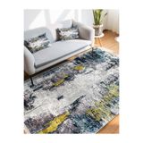 RealHomes Gri - Sarı Zeminde Modern Sanat Motifli Boya Desenli Modern Oturma Odası Kaymaz Taban Saçaklı Halı HaliDik-Deluxe-11839, 100 x 120