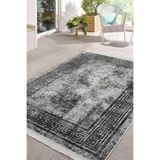 RealHomes Gri - Siyah Zeminde Çerçeveli Motifli Antik Desenli Vintage Oturma Odası Yatak Odası Saçaklı Halı HaliDik-Deluxe-11707, 100 x 150